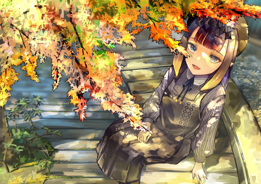 1girl, absurdres, autumn_leaves, blue_eyes, blunt_bangs, branch, commentary, dress, eyelashes, fang, gradient_hair, hat, highres, hololive, hololive_english, jw_2140, leaf, long_hair, long_sleeves, looking_at_viewer, mole, mole_under_eye, multicolored_hair, ninomae_ina'nis, ninomae_ina'nis_(casual), open_mouth, orange_hair, outdoors, pointy_ears, purple_hair, sidelocks, sitting, smile, solo, symbol-only_commentary, tentacle_hair, tree, very_long_hair, virtual_youtuber