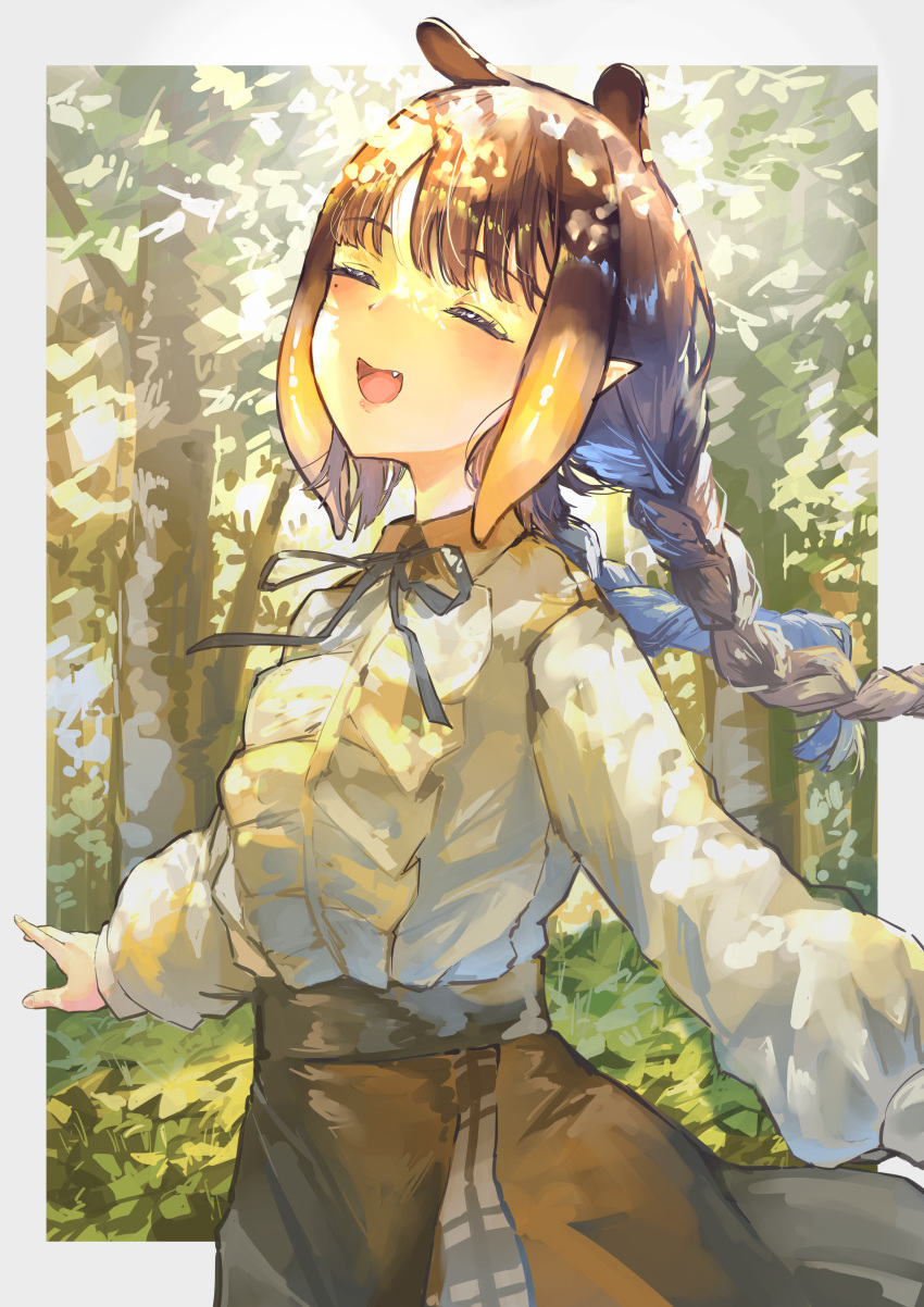 1girl, absurdres, black_hair, blunt_bangs, blush, border, braid, closed_eyes