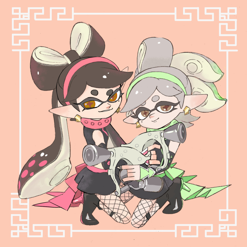 black_hair, callie_(splatoon), earrings, fishnets, grey_hair, highres, holding, holding_weapon