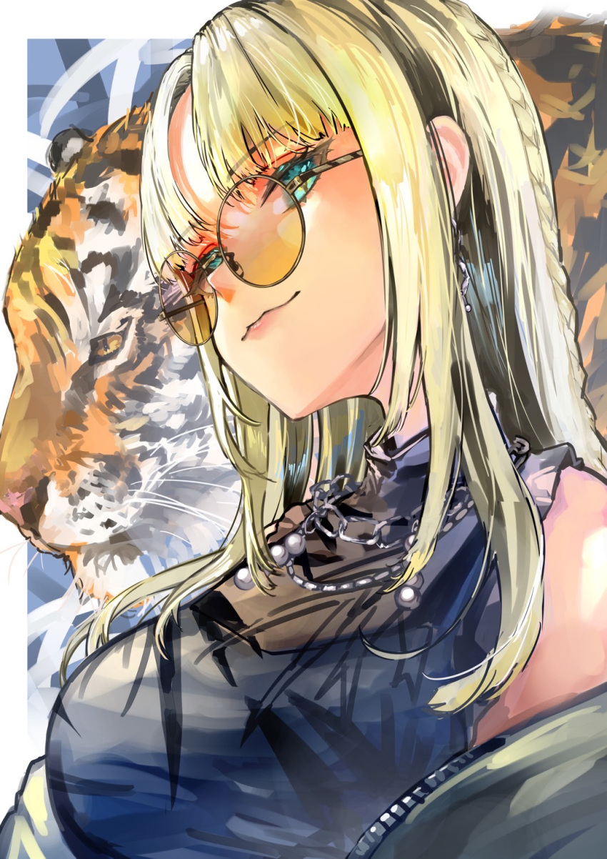 1girl, black_hair, black_tank_top, blonde_hair, bra_over_clothes, breasts, chain, chain_necklace