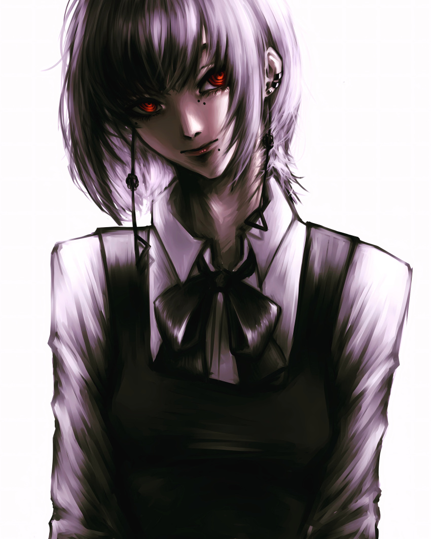 1girl, absurdres, black_dress, black_ribbon, chainsaw_man, collared_shirt, dress, fami_(chainsaw_man)