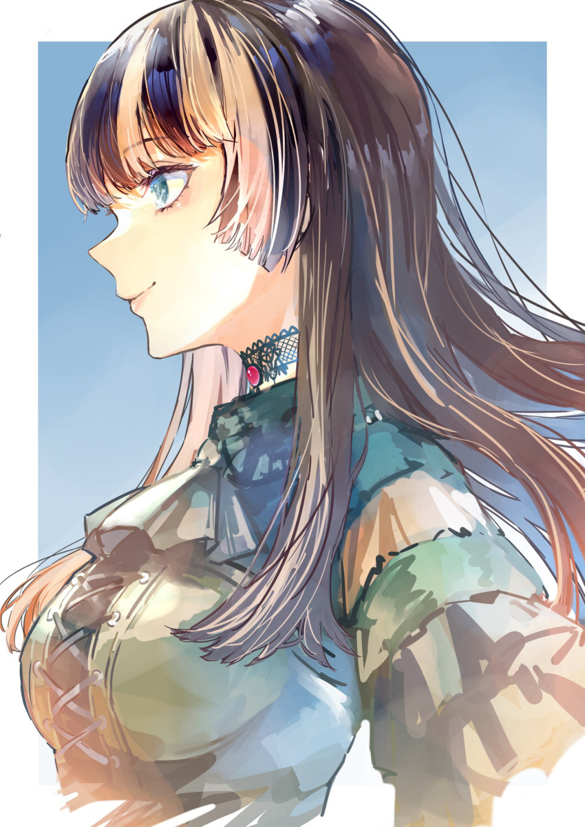 1girl, black_dress, black_eyeliner, black_hair, blue_eyes, blunt_bangs, blurry, blurry_background, border, breasts, choker, commentary, cross-laced_clothes, cross-laced_dress, dress, eyelashes, eyeliner, from_side, gothic_lolita, grey_hair, highres, hololive, hololive_dev_is, juufuutei_raden, juufuutei_raden_(1st_costume), jw_2140, lace, lace-trimmed_choker, lace_choker, lace_trim, lolita_fashion, long_hair, looking_at_viewer, makeup, multicolored_hair, pink_lips, profile, sidelocks, smile, solo, streaked_hair, symbol-only_commentary, two-tone_hair, upper_body, virtual_youtuber, white_border