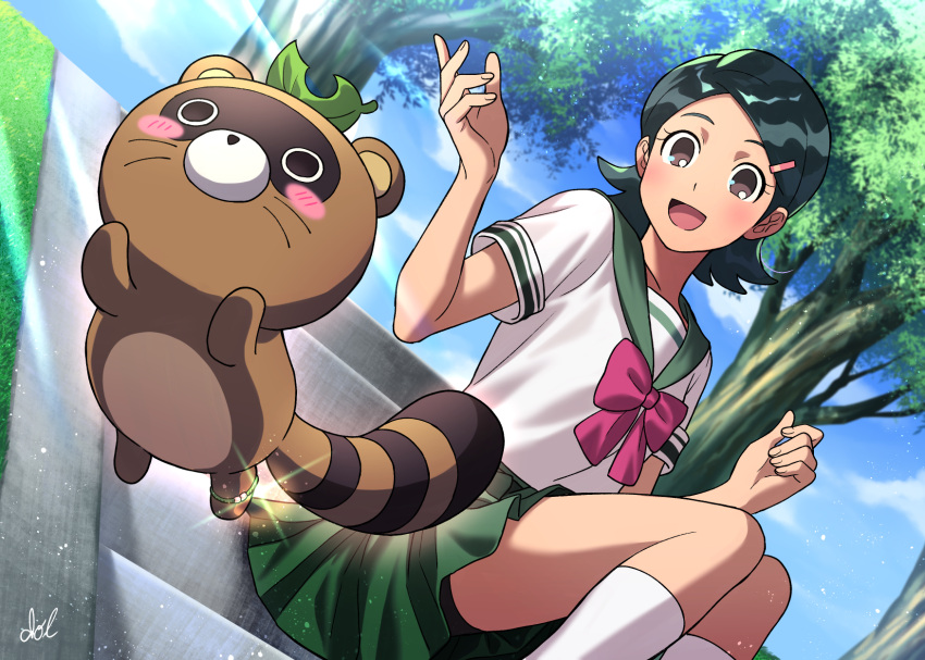 1girl, blue_sky, bow, bowtie, brown_eyes, dolustoy, green_hair, green_sailor_collar