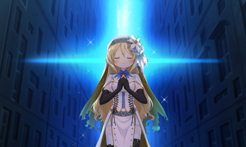 1girl, alley, artist_request, backlighting, belt, belt_buckle, black_belt, black_ribbon, black_thighhighs, blonde_hair, blue_collar, brown_veil, buckle, buttons, capelet, closed_eyes, closed_mouth, collar, cross-laced_clothes, cross-laced_collar, cross-laced_dress, detached_collar, dot_nose, dress, expressionless, feet_out_of_frame, flower, frown, game_cg, hair_between_eyes, hair_flower, hair_ornament, hair_ribbon, high_collar, interlocked_fingers, light_blush, light_particles, lily_(flower), long_dress, long_hair, magia_record:_mahou_shoujo_madoka_magica_gaiden, mahou_shoujo_madoka_magica, miniskirt, neck_ribbon, nun, official_alternate_costume, official_art, own_hands_clasped, own_hands_together, praying, red_brooch, ribbon, side_slit, skirt, skirt_under_dress, solo, sparkle, spider_web_hair_ornament, straight-on, thigh-highs, thigh_belt, thigh_strap, togame_momoko, togame_momoko_(sister_ver.), torn_clothes, torn_ribbon, torn_veil, two-sided_veil, veil, very_long_hair, wavy_hair, white_capelet, white_dress, white_flower, white_ribbon, white_skirt, white_veil