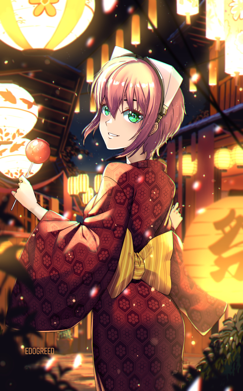 1girl, absurdres, architecture, artist_name, bow, breasts, bush, candy_apple, eadgear, east_asian_architecture, floral_print, floral_print_kimono, food, from_behind, goggles, goggles_on_head, gouma_reifuden_izuna, green_eyes, hair_between_eyes, highres, holding, holding_candy_apple, holding_food, izuna_(gouma_reifuden_izuna), japanese_clothes, kimono, lantern, light_particles, looking_at_viewer, looking_back, ninja, paper_lantern, pink_hair, plant, potted_plant, red_kimono, short_hair, smile, waist_bow, yellow_bow