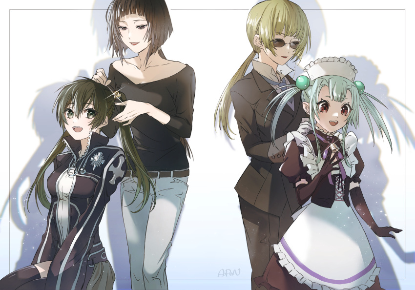 4girls, anita_(d.gray-man), aopon16, apron, bare_shoulders, bell, belt, black_eyes