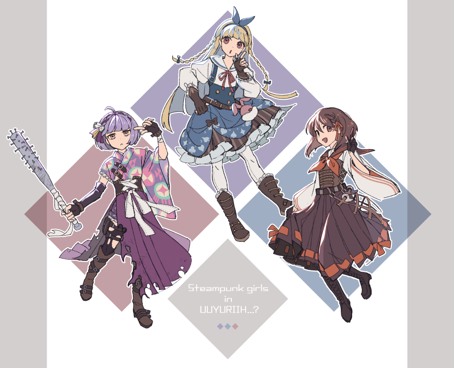 3girls, :<, :d, alice's_spiritual_judge, alice_kanzaki, baseball_bat, black_footwear, black_gloves