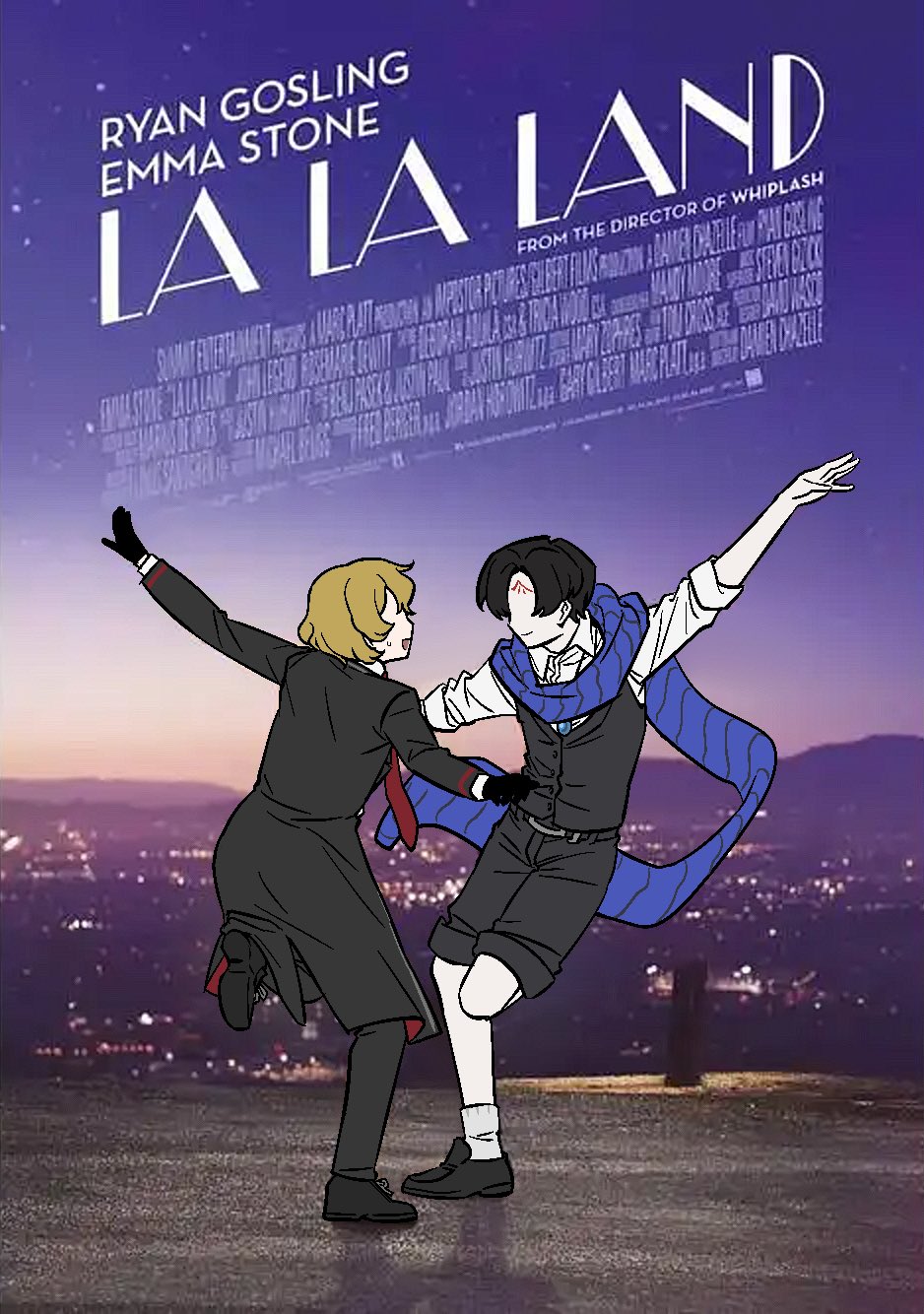 2boys, black_coat, black_footwear, black_gloves, black_hair, black_pants, blonde_hair, blue_scarf