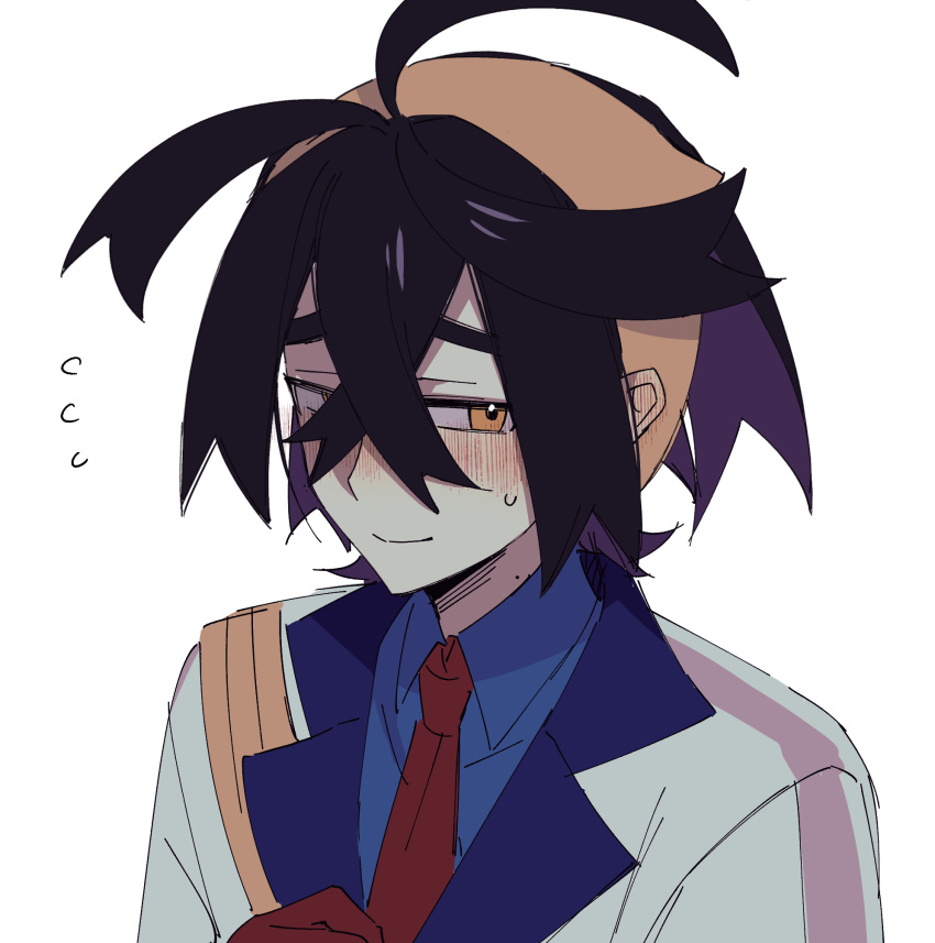 1boy, black_hair, blue_shirt, blueberry_academy_school_uniform, blush, closed_mouth, collared_shirt, crossed_bangs