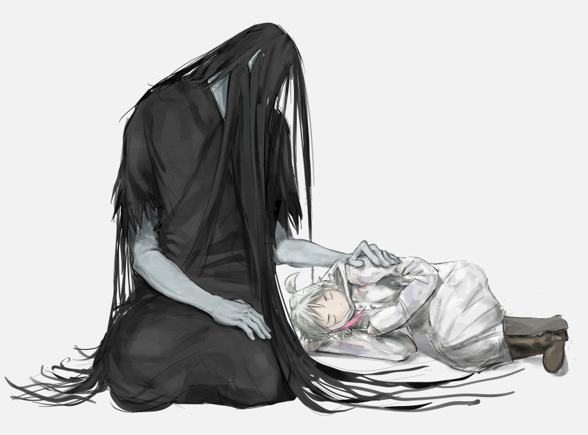 1boy, 1girl, black_hair, black_kimono, blood, blood_on_clothes, boots, closed_eyes