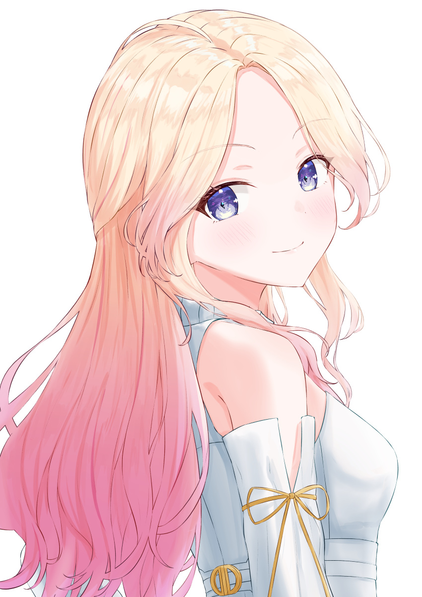 1girl, absurdres, blonde_hair, blush, breasts, commentary, curtained_hair, detached_sleeves