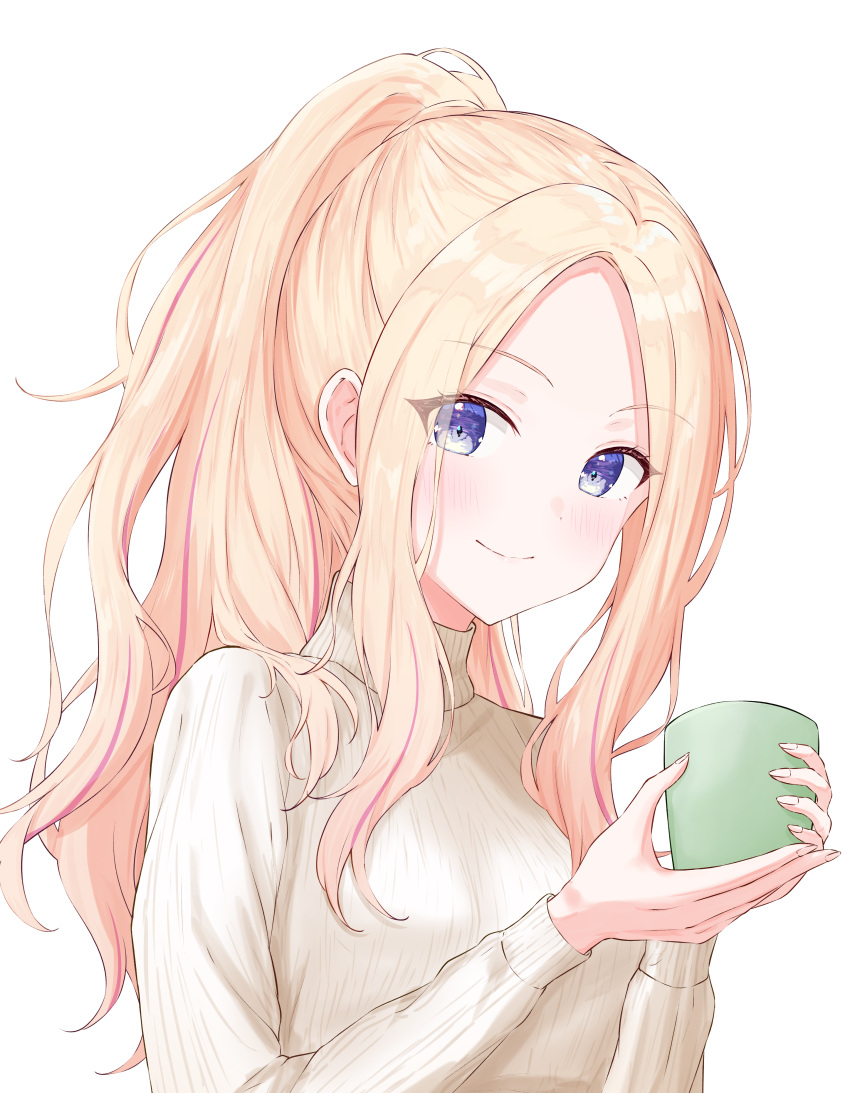 1girl, absurdres, blonde_hair, blush, commentary, cup, curtained_hair, forehead