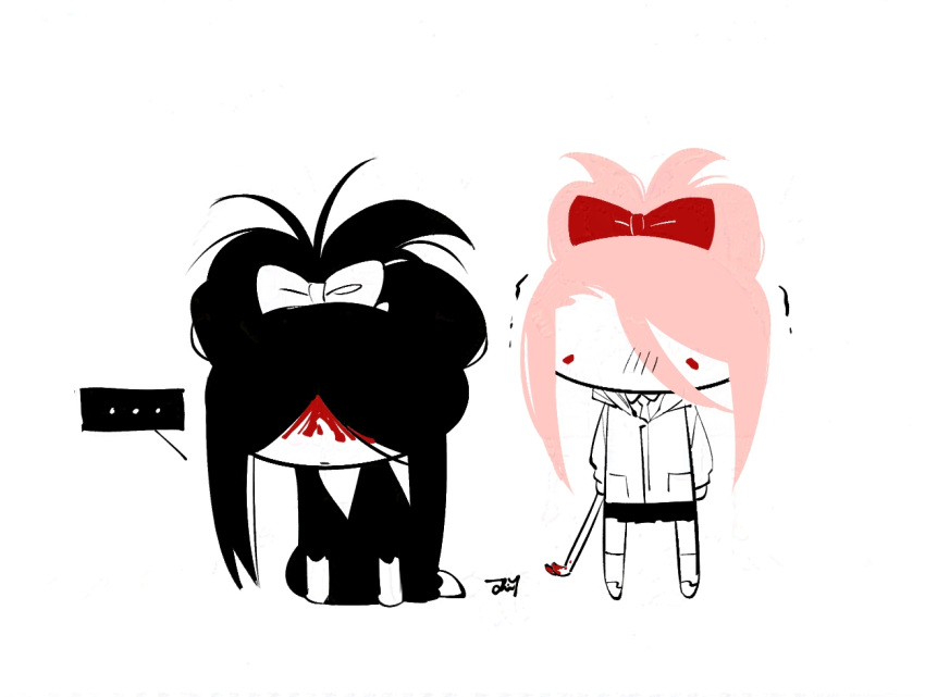 ..., 1boy, 1girl, bbabbamis2, black_hair, black_kimono, blood, blood_on_face, blood_on_weapon, bow, chibi, commentary_request, crowbar, full_body, hair_bow, holding, holding_crowbar, homicipher, japanese_clothes, kimono, korean_commentary, long_hair, pink_hair, raincoat, red_eyes, simple_background, skirt, spoken_ellipsis, weapon, white_background