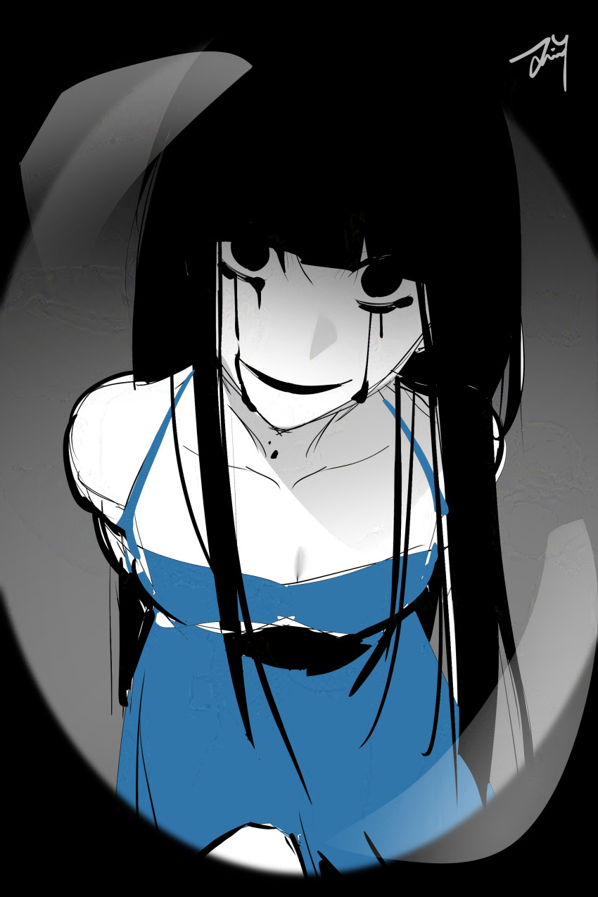1girl, absurdres, bbabbamis2, black_eyes, black_hair, blood, blood_from_eyes, blue_dress
