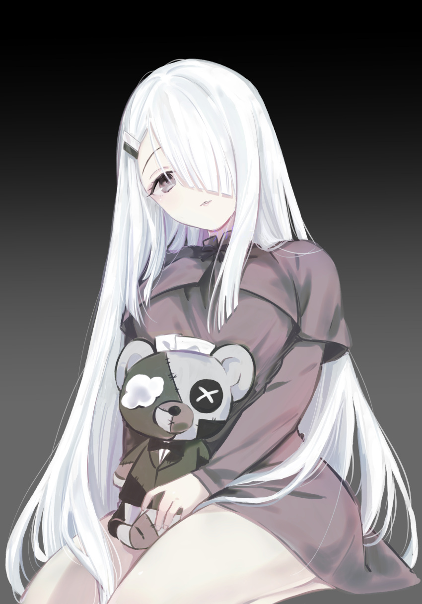 black_capelet, black_dress, capelet, commentary_request, dress, hair_ornament, hairpin, haizumi_(noworld), highres, holding, holding_stuffed_toy, indie_virtual_youtuber, instrument_hair_ornament, long_hair, mantle, noir_(noworld), noworld, piano_keys, stuffed_toy, urimorisan, very_long_hair, virtual_youtuber, white_hair