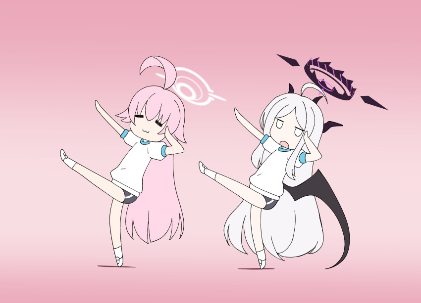 2girls, :3, =_=, absurdres, ahoge, alternate_costume, black_buruma, black_halo