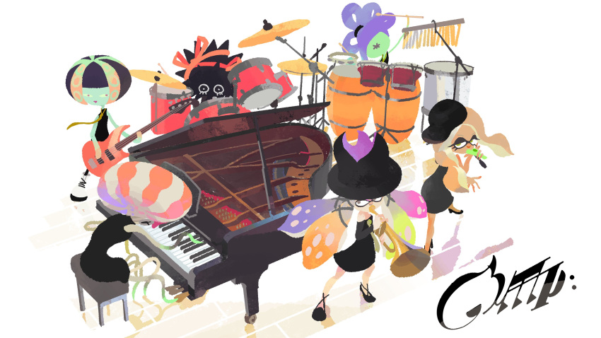 6+girls, absurdres, black_hat, blonde_hair, bongo_drums, brown_hair, cymbals, domino_mask