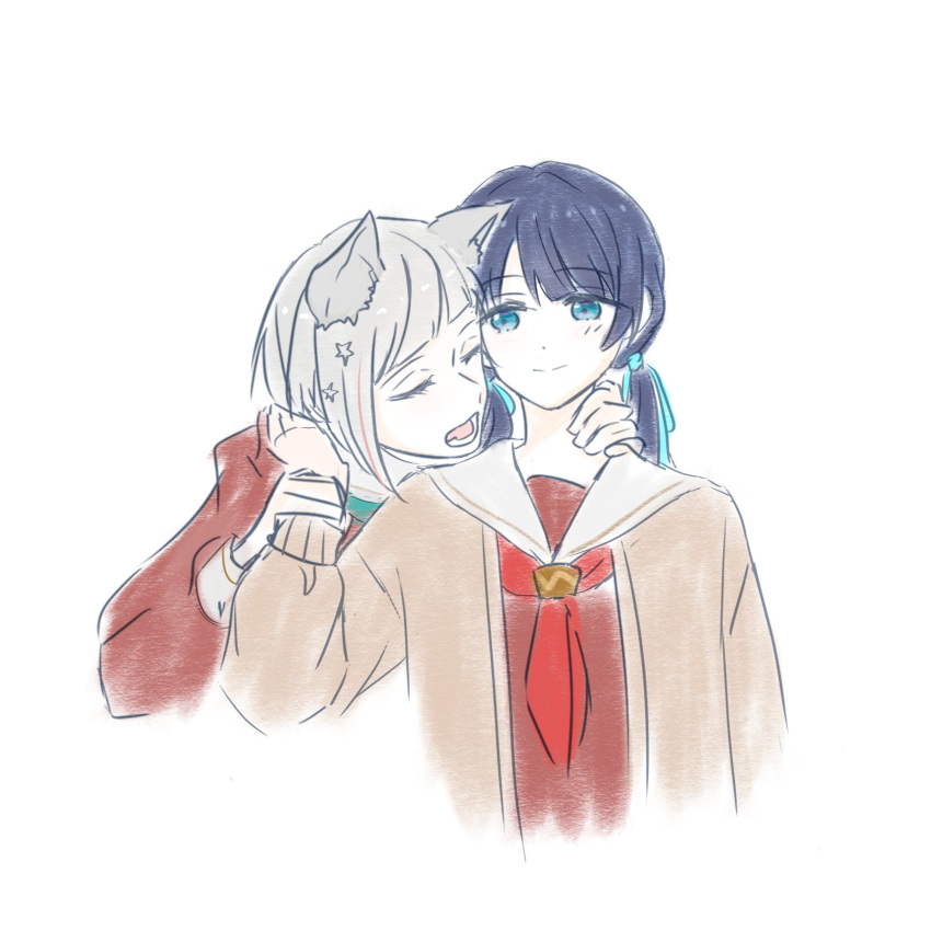 2girls, animal_ears, blue_eyes, blue_hair, blue_ribbon, bob_cut, brown_cardigan, brown_dress