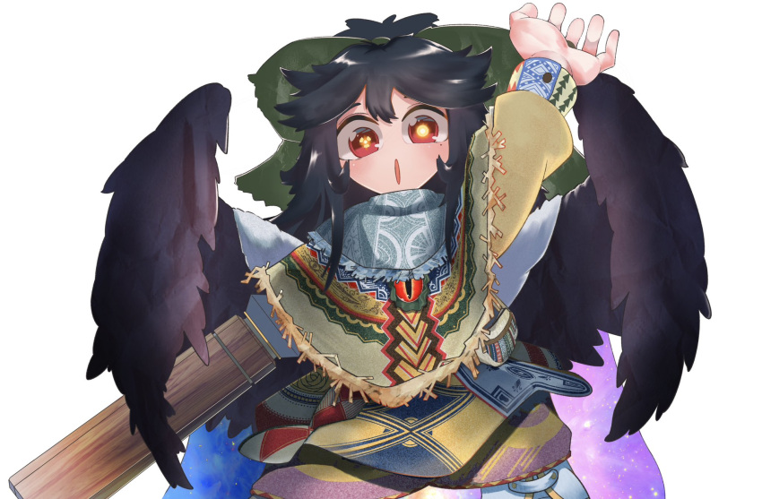 1girl, alternate_costume, arm_cannon, arm_up, black_hair, black_wings, blush, bow