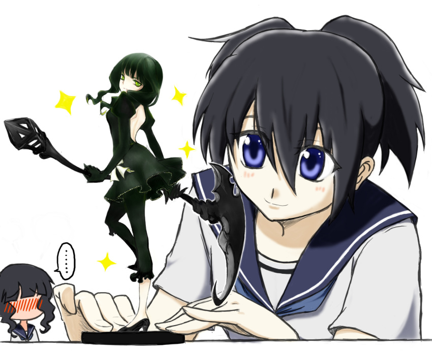 2girls, black_dress, black_hair, black_leggings, black_rock_shooter, blue_eyes, blue_sailor_collar, dead_master, dress, f_luo, green_eyes, green_hair, highres, holding, holding_scythe, kuroi_mato, leggings, multiple_girls, sailor_collar, school_uniform, scythe, serafuku, short_twintails, skeletal_hand, statue, takanashi_yomi, twintails