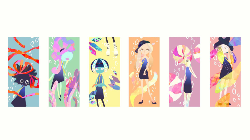 6+girls, aqua_skin, black_dress, black_footwear, blonde_hair, brown_hair, bubble, colored_skin