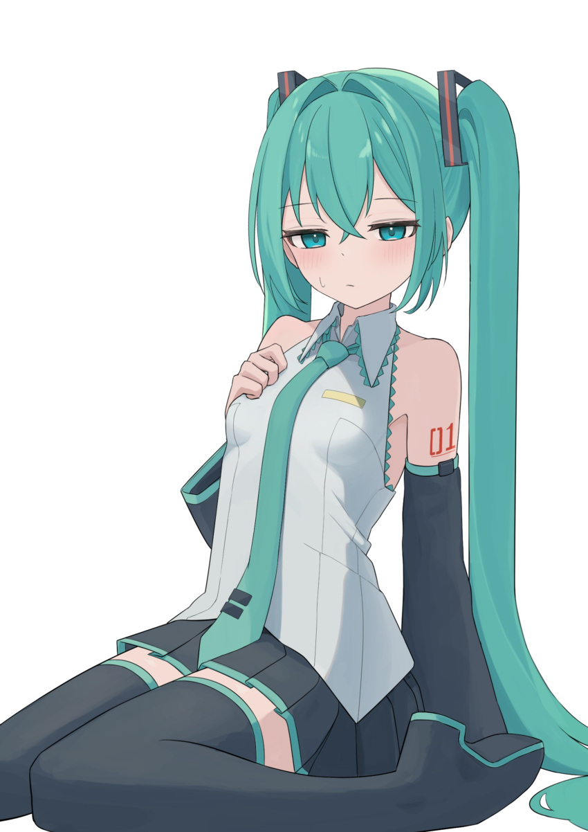 1girl, absurdres, aqua_eyes, aqua_hair, aqua_necktie, aqua_trim, bare_shoulders, black_footwear