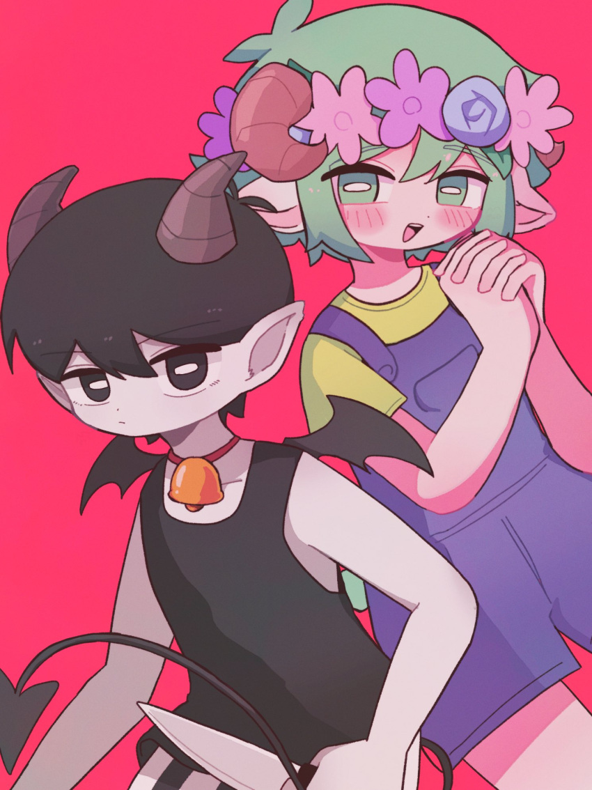 2boys, animal_ears, basil_(headspace)_(omori), basil_(omori), bell, black_eyes, black_hair, black_tank_top, blue_overalls, blush, bright_pupils, closed_mouth, colored_skin, demon_boy, demon_horns, demon_tail, demon_wings, expressionless, goat_ears, goat_horns, green_shirt, head_wreath, highres, holding, holding_knife, horizontal_pupils, horns, knife, looking_at_viewer, male_focus, mewowem_omo, multiple_boys, neck_bell, omori, omori_(omori), open_mouth, overall_shorts, overalls, pointy_ears, red_background, shirt, short_hair, short_sleeves, shorts, simple_background, smile, striped_clothes, striped_shorts, t-shirt, tail, tank_top, teeth, upper_teeth_only, vertical-striped_clothes, vertical-striped_shorts, white_pupils, white_skin, wings