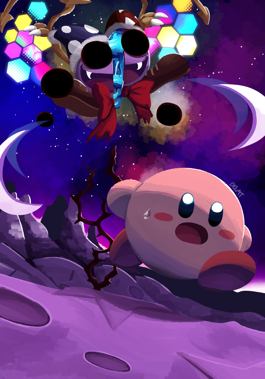 absurdres, bisected, blush_stickers, bow, bowtie, colored_skin, delatoid, fangs, hat, highres, jester_cap, kirby, kirby_(series), marx_(kirby), night, night_sky, no_humans, open_mouth, pink_skin, plant_roots, pom_pom_(clothes), purple_skin, red_bow, red_bowtie, sagittal_plane_cutting, sky, star_(sky), super_smash_bros., sweat