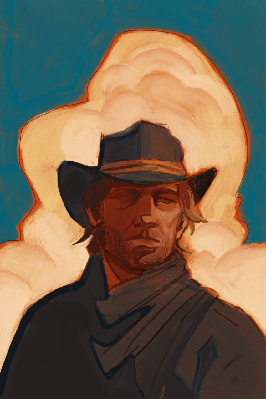 1boy, arthur_morgan, beard, cowboy, facial_hair, ghostember, golden_hour, highres, looking_at_viewer, red_dead_redemption_(series), red_dead_redemption_2, solo
