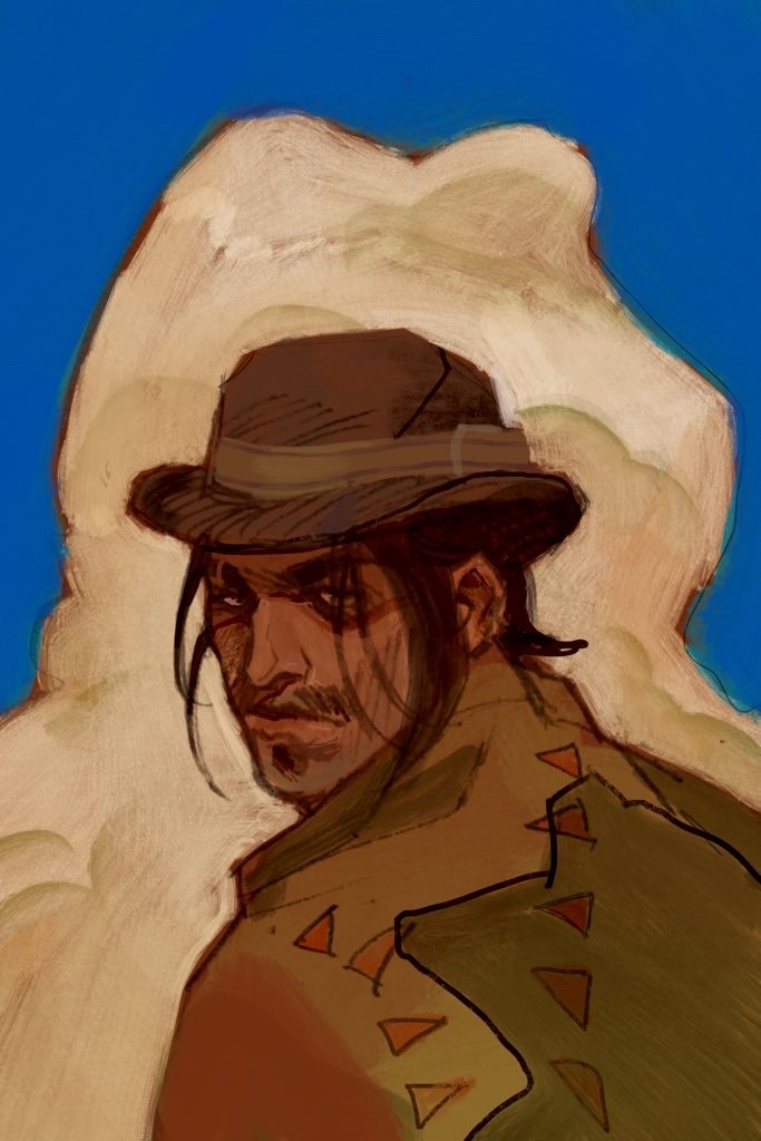 1boy, beard_stubble, cowboy, facial_hair, ghostember, golden_hour, javier_escuela, looking_at_viewer