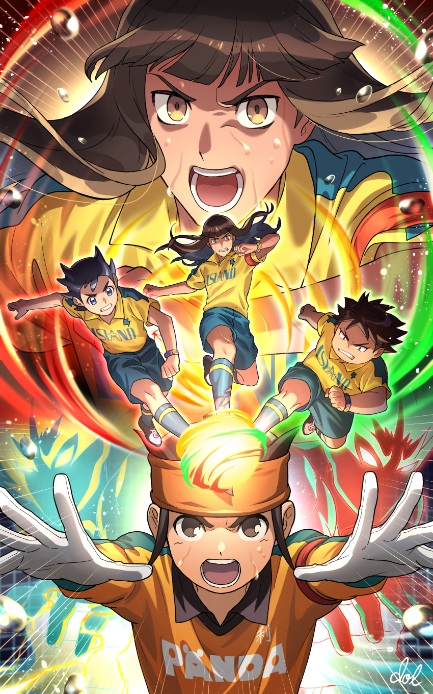 4boys, absurdres, armband, black_hair, blue_shorts, blue_socks, brown_eyes, brown_hair