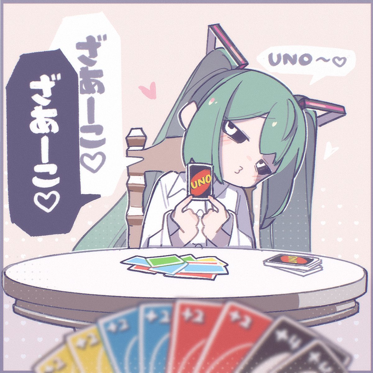 1girl, aqua_hair, bags_under_eyes, black_sclera, card, closed_mouth, colored_sclera, flat_chest