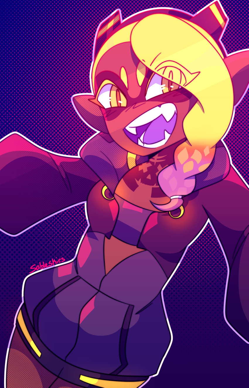 1girl, absurdres, black_jacket, blonde_hair, commentary, cosplay, cowboy_shot, cyberpunk_(series)