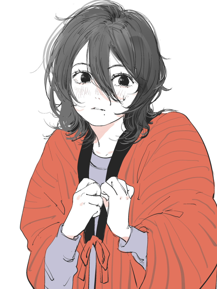 1girl, black_hair, dotera_(clothes), hair_between_eyes, highres, kyomoto_(look_back), long_sleeves, look_back