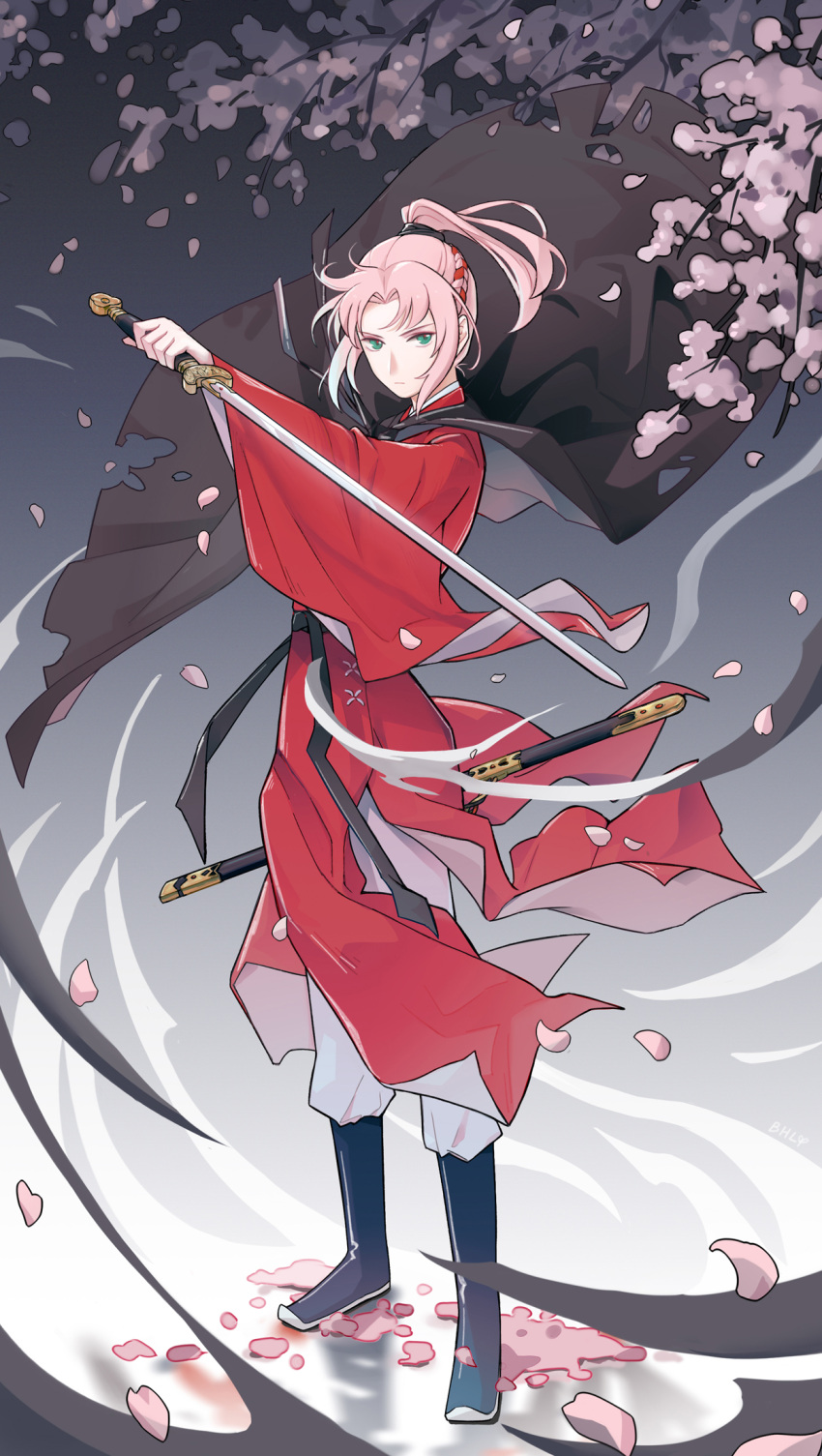 1girl, aqua_eyes, black_cape, bohe_liang_you, boots, braid, cape, cherry_blossoms