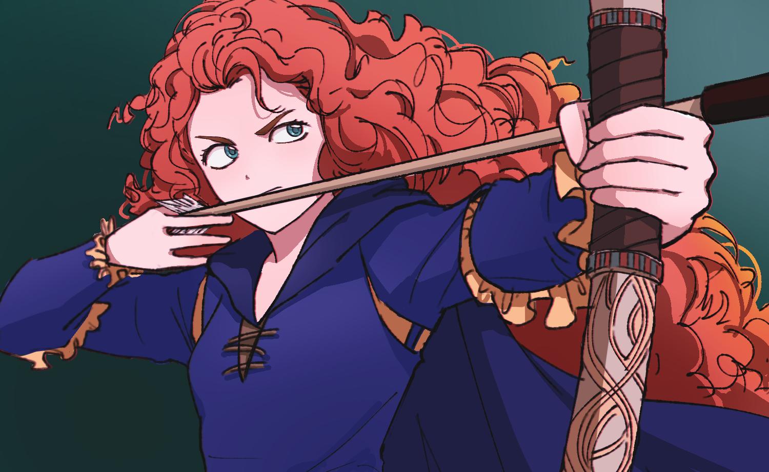 00in3, 1girl, aqua_background, arrow_(projectile), blue_cape, blue_dress, blue_eyes, bow_(weapon)