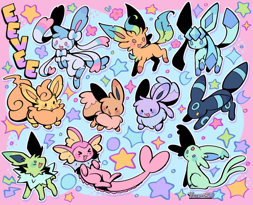 alternate_color, animal_focus, bow, character_name, colorful, commentary, eevee, english_commentary