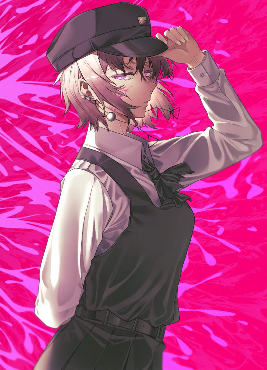 1girl, absurdres, arm_behind_back, black_dress, black_hat, black_ribbon, blood, blood_on_face
