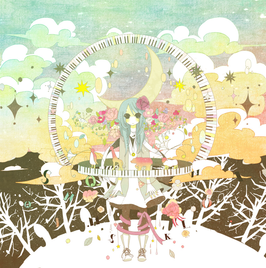 bad_id, bear, bird, boots, cloud, clouds, coat, colorful, crescent, dress, flower, flowers, giraffe, hair_flower, hair_ornament, hatsune_miku, highres, jewelry, keyboard, lamb, leaf, miya_(48ne), moon, nail_polish, necklace, penguin, piano, piano_keys, ribbon, sheep, standing, star, stars, surreal, tree, trees, vocaloid