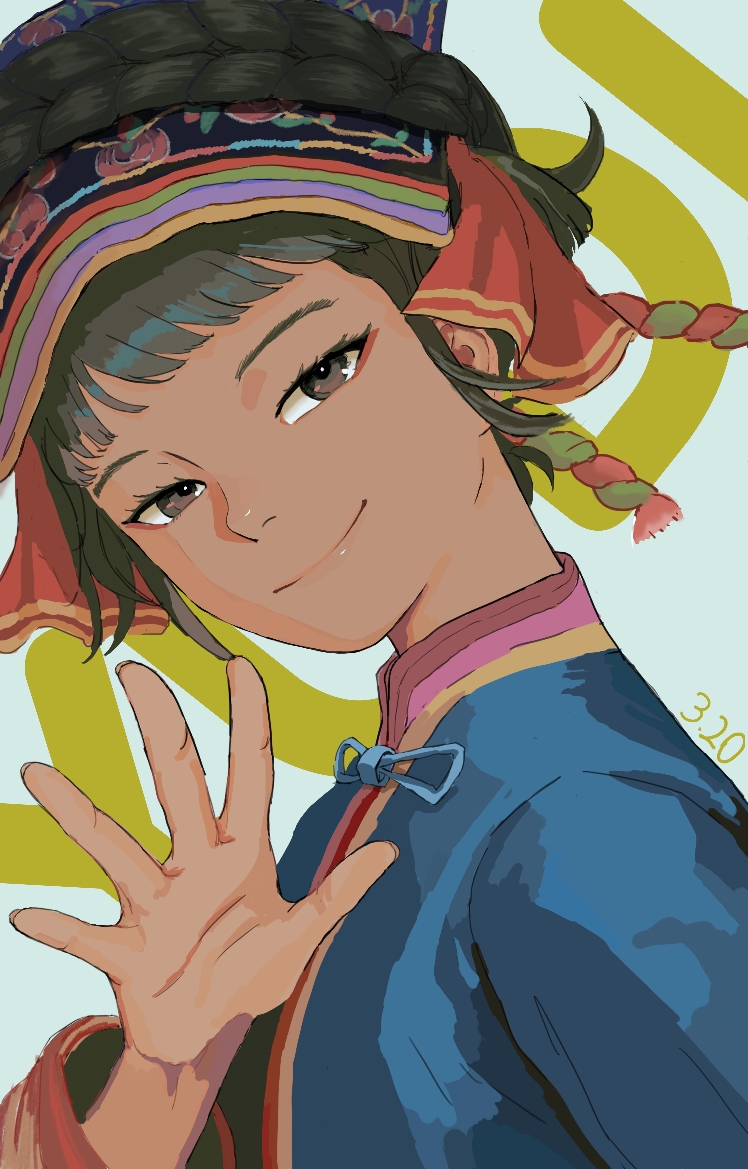 1girl, black_hair, braid, brown_eyes, chinese_clothes, chinese_commentary, crown_braid, dark-skinned_female, dark_skin, mandarin_collar, narrowed_eyes, original, qiang_clothes, solo, upper_body, waving, yudihuahua