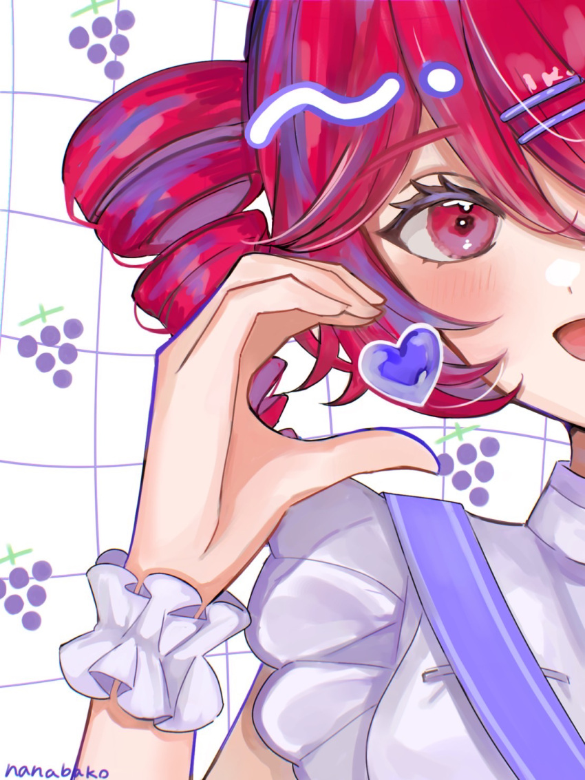 1girl, alternate_costume, blush, dress, drill_hair, heart, highres, kasane_teto, looking_at_viewer, nanabako, open_mouth, portrait, red_eyes, redhead, short_sleeves, simple_background, solo, twin_drills, utau, white_background, white_dress, white_wrist_cuffs, wrist_cuffs