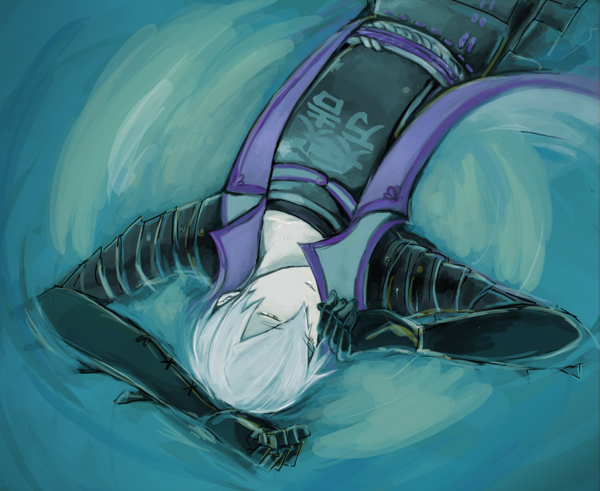 1boy, armor, black_gloves, chikastar, clenched_hand, from_above, gloves, green_eyes