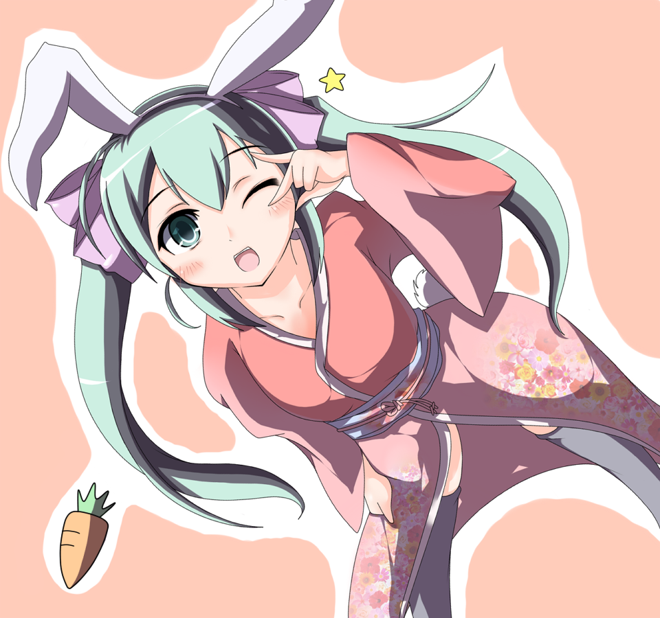 animal_ears, aqua_eyes, aqua_hair, blush, bunny_ears, bunny_tail, carrot, guunome