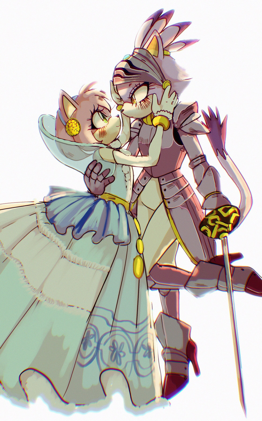 2girls, absurdres, amy_rose, animal_ears, armor, blaze_the_cat, blue_dress, blue_hairband