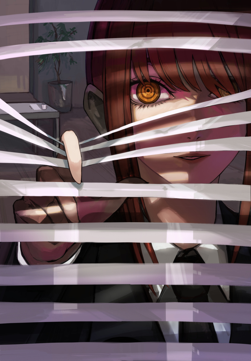 1girl, black_coat, black_necktie, chainsaw_man, coat, collared_shirt, desk, highres