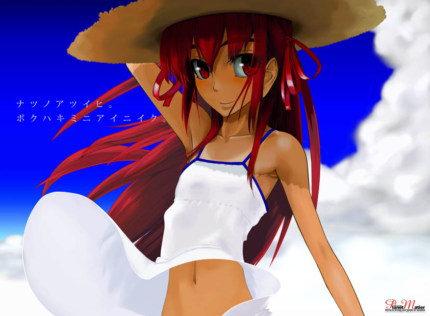 dress, eyebrows, flat_chest, hat, midriff, navel, red_eyes, red_hair