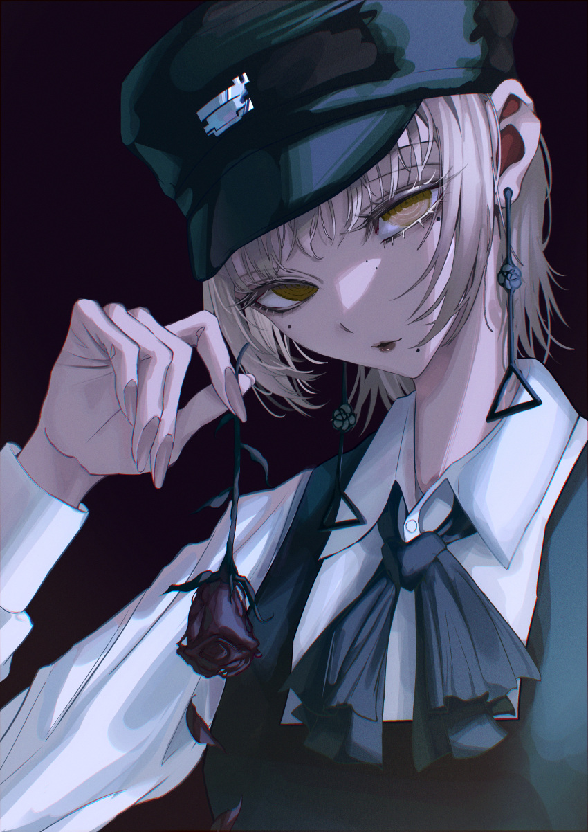 1girl, absurdres, aster_(teslavision), black_background, black_dress, black_hat, black_ribbon, brown_eyes
