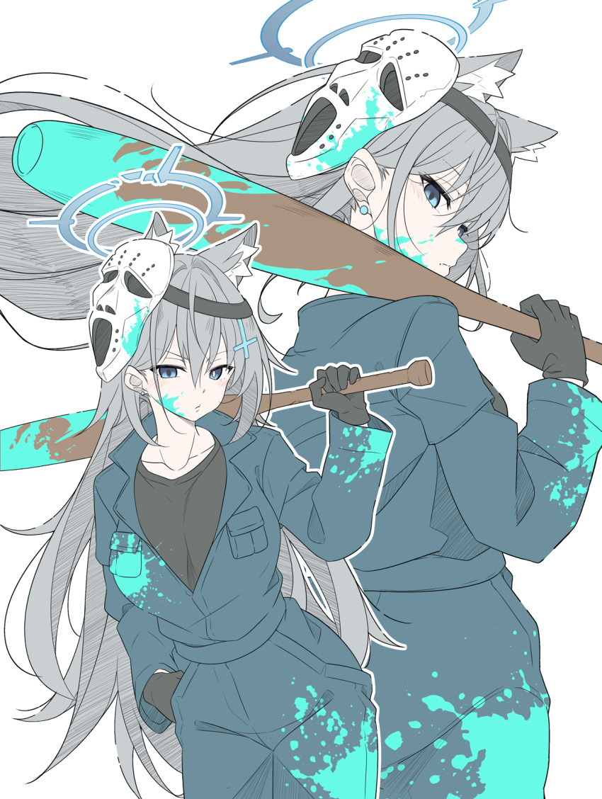 1girl, airi_(blue_archive), airi_(blue_archive)_(cosplay), airi_(halloween)_(blue_archive), animal_ear_fluff, animal_ears, baseball_bat, black_gloves
