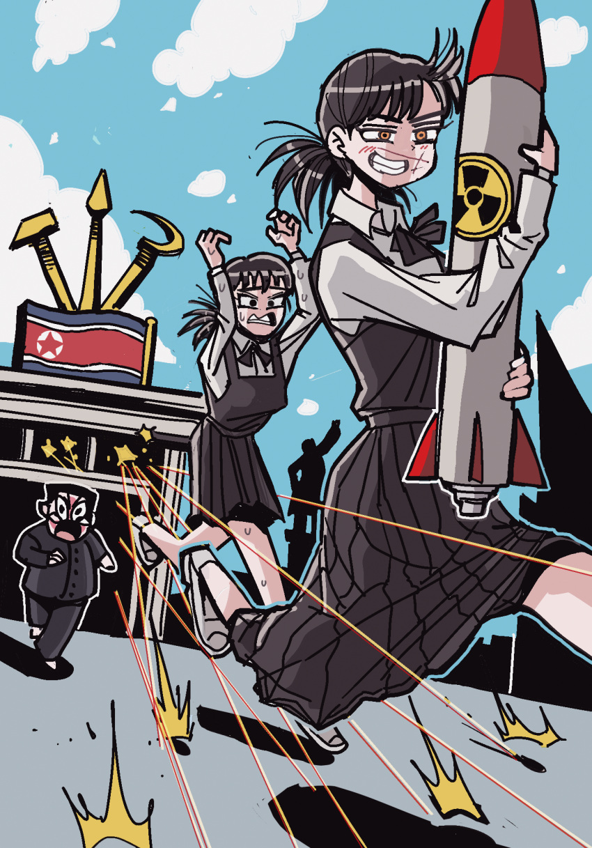 1boy, 2girls, black_dress, black_eyes, black_hair, black_ribbon, chainsaw_man, clouds