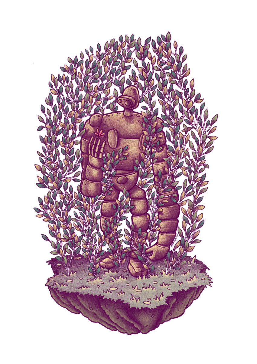 commentary, english_commentary, feathers, flower, full_body, grass, highres, laputa_robot